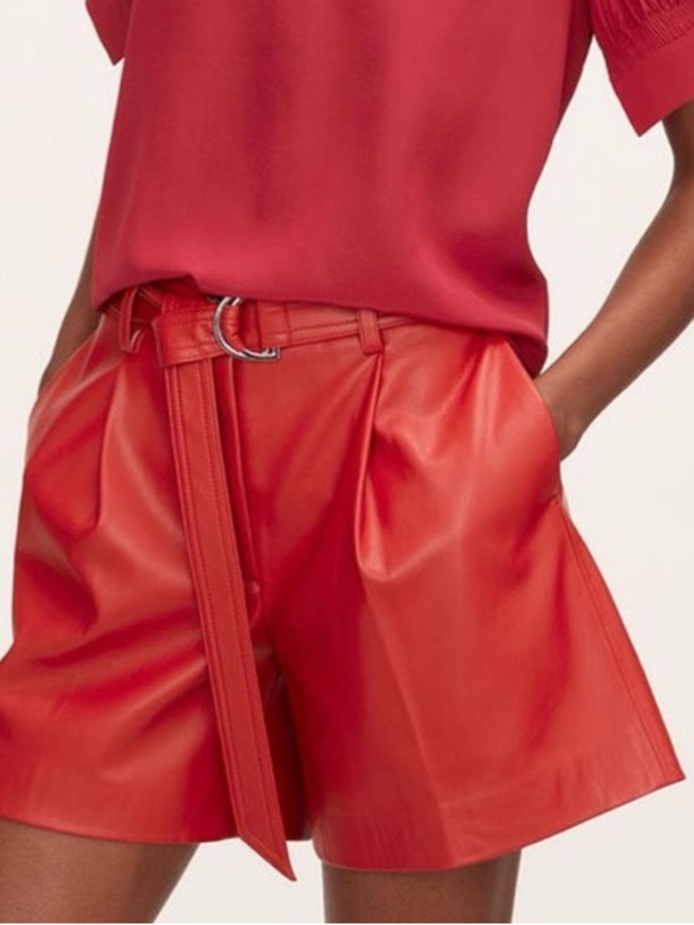 Rebecca Taylor Red Vegan Leather High-Waist Belted Shorts